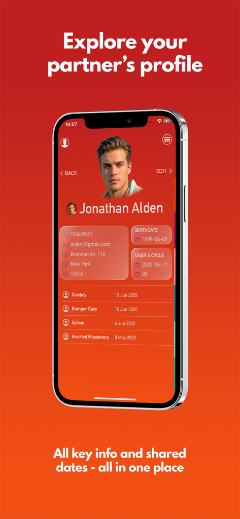 iSexSpinner Kamasutra Premium - Partner profile screen with contact information and shared intimacy history