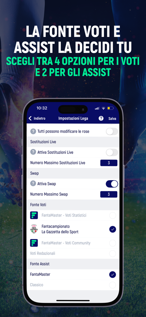 FantaMaster app screen showing league settings for customizing vote and assist sources