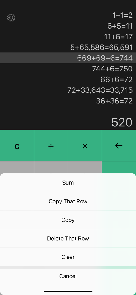 Calculator - MingCalc - MingCalc app interface showing calculation history records and a row management menu with options like copy and delete