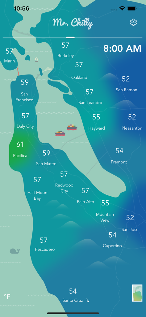 Mr. Chilly app interface displaying a temperature heatmap of the San Francisco Bay Area at 8:00 AM