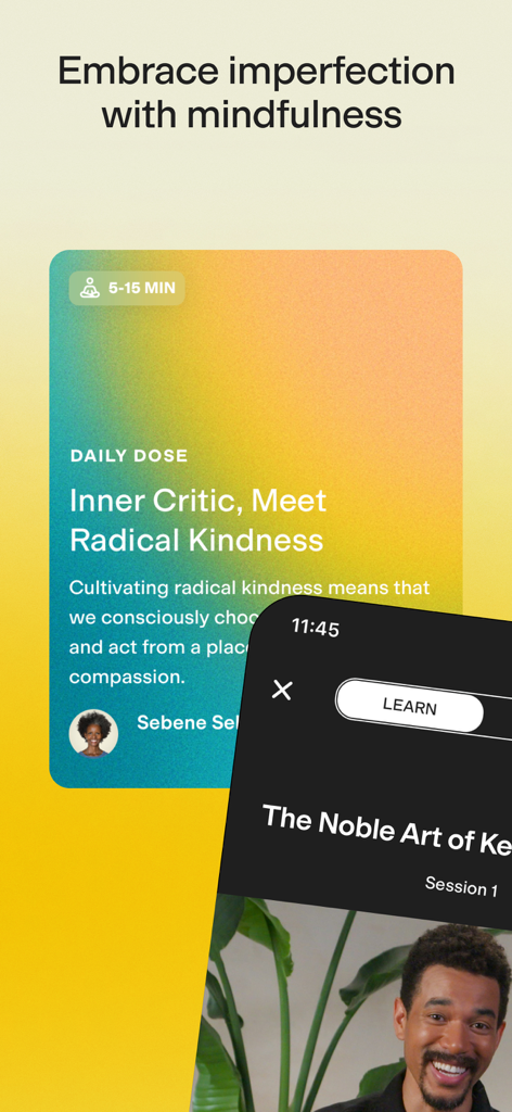 Pantalla de la aplicación Meditación Más Feliz que muestra una sesión de mindfulness diario titulada El Crítico Interior Conoce la Amabilidad Radical con un profesor destacado.