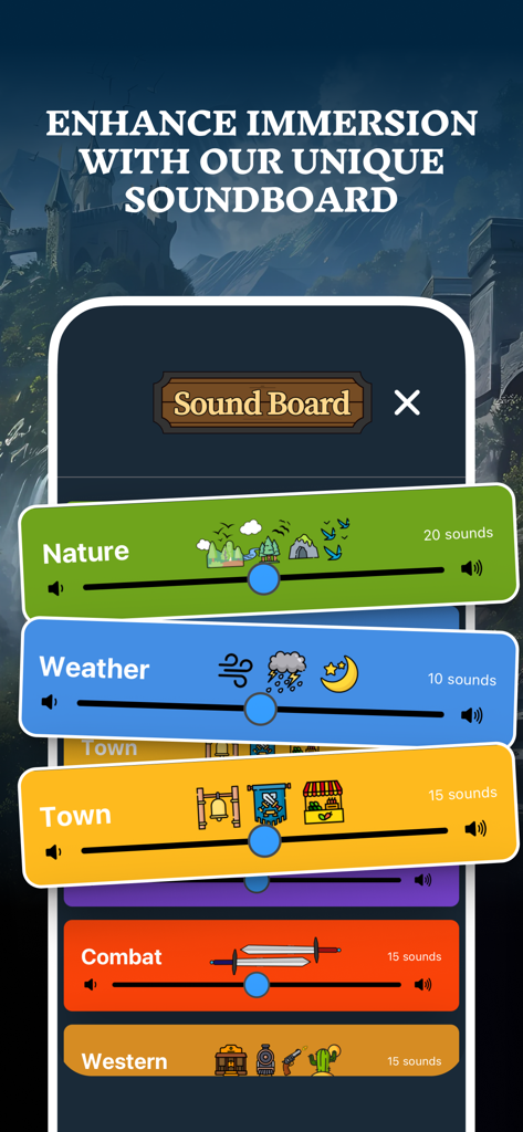 Tabletop Tunes - RPG Music App - Oberfläche der Tabletop Tunes App, die das Soundboard mit Reglern für Natur-, Wetter-, Stadt- und Kampfgeräusche anzeigt.