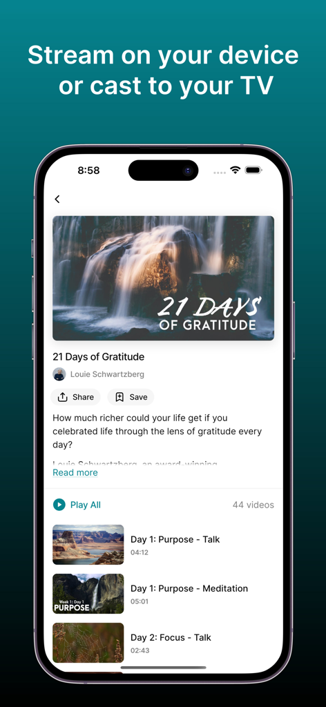 Moving Art app interface showing the 21 Days of Gratitude nature video series by Louie Schwartzberg