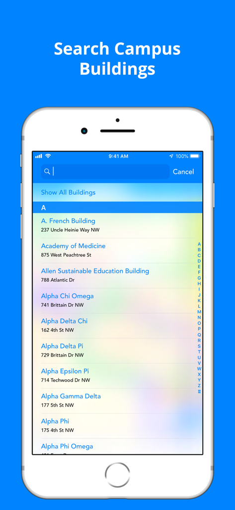 GT Buses - GT Buses app interface showing the campus building search feature with a list of Georgia Tech locations