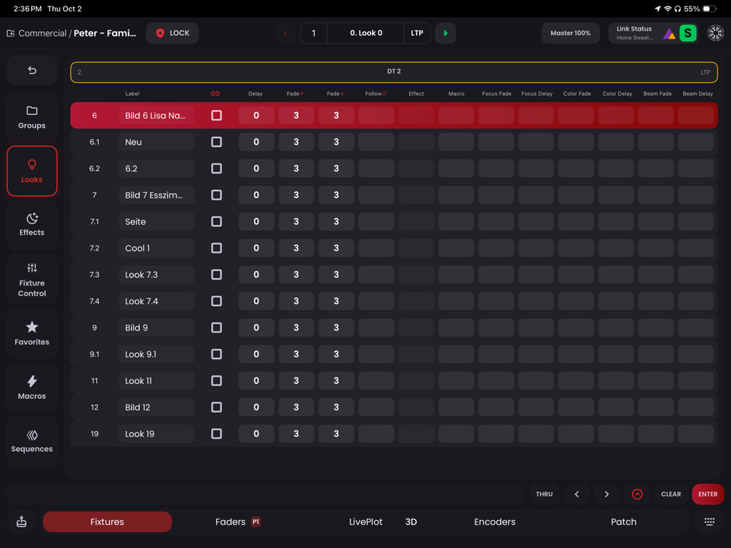 Blackout Lighting Console - A professional lighting console interface on an iPad displaying a sequence of saved lighting looks with timing and fade parameters.