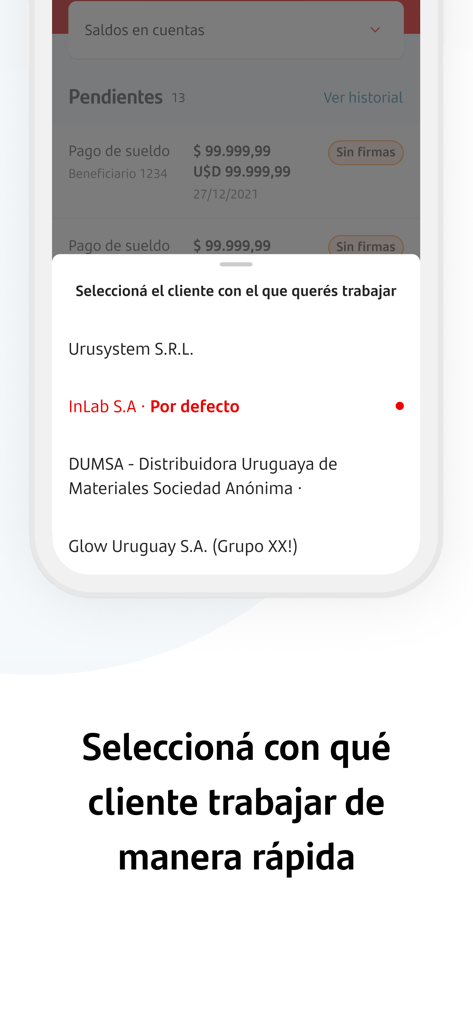 Santander Empresas Uruguay - Mobile screen of the Santander Empresas Uruguay app showing a list of business clients to select for banking management.