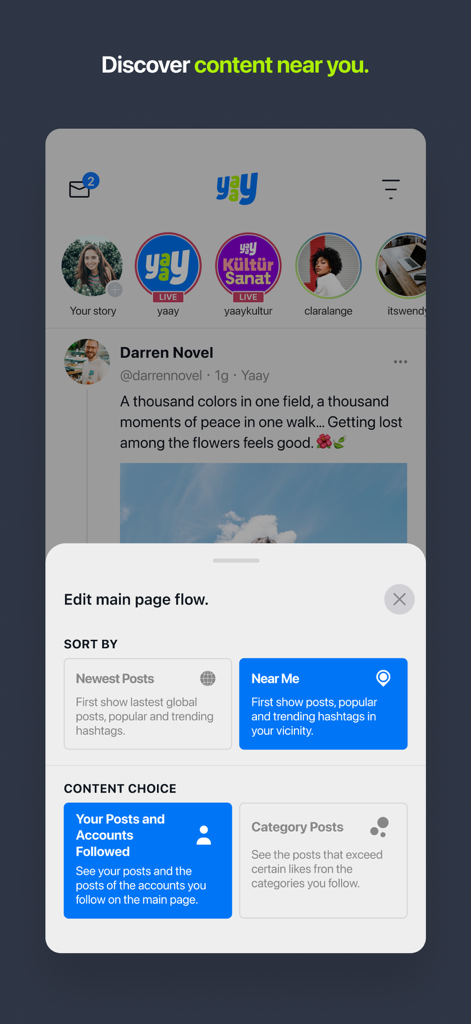 Interface of Yaay social media app showing content discovery and feed customization settings