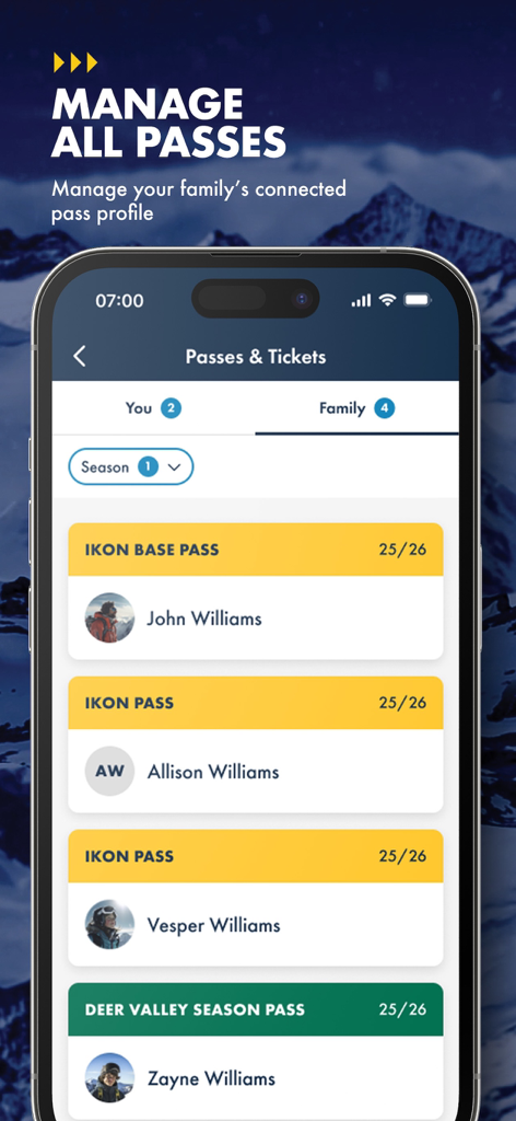 Ikon Pass - Ikon Pass app interface showing a list of connected family ski passes and member profiles