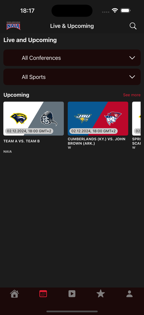 NAIA-Network - NAIA Network app interface showing a schedule of upcoming live collegiate sports games with team logos