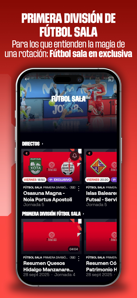 LALIGA+ Live Sports - Smartphone screen showing LALIGA+ app with live futsal matches and highlights.