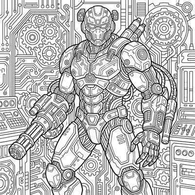 Step into a futuristic battlefield with this incredibly detailed military cyborg coloring page. Designed for adults, it features intricate mechanical patterns and powerful robotic design, perfect for a challenging and rewarding coloring session.