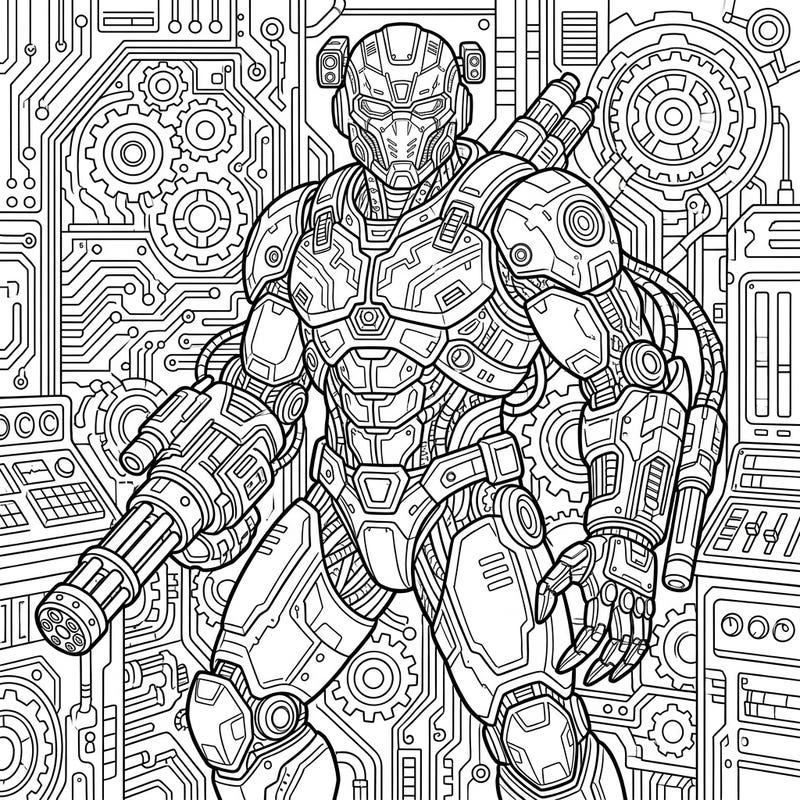 Step into a futuristic battlefield with this incredibly detailed military cyborg coloring page. Designed for adults, it features intricate mechanical patterns and powerful robotic design, perfect for a challenging and rewarding coloring session.
