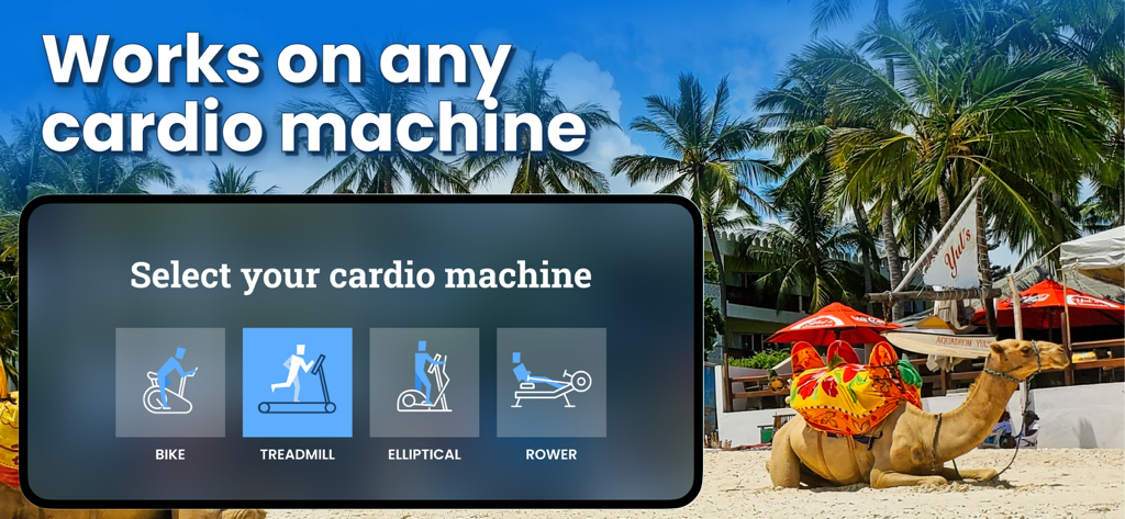 BitGym app interface for selecting exercise machines including bike treadmill elliptical and rower against a tropical beach background
