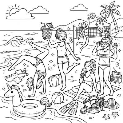 Celebrate the joy of summer and the spirit of collegiate gymnastics with this vibrant coloring page. Immerse yourself in a lively beach scene filled with athletic energy, tropical delights, and endless sunshine.