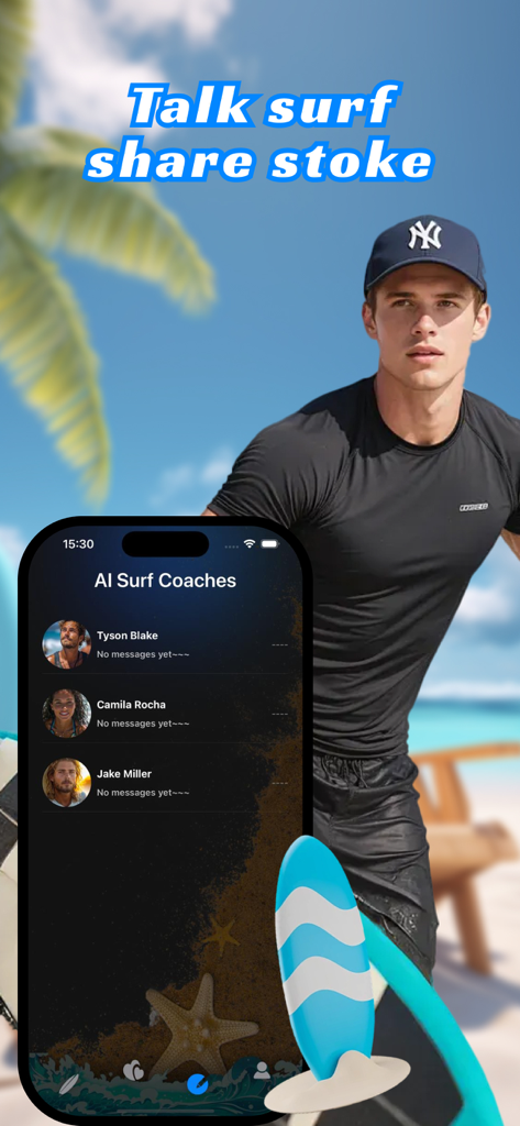Surfce：Friends Chat，Companion - Pantalla de la aplicación móvil para Surfce mostrando entrenadores de surf con IA y funciones de chat comunitario