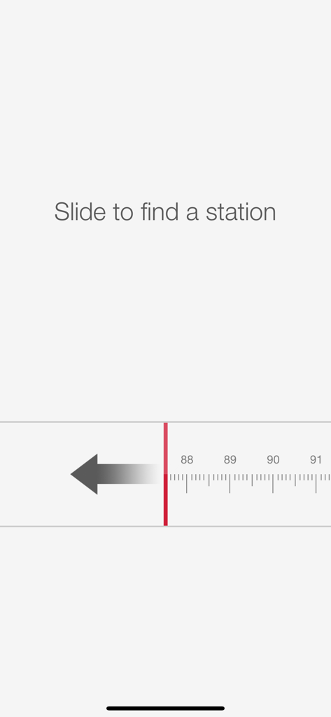 RadioApp - A Simple Radio App - Analog radio tuner slider interface showing frequency numbers and an arrow for sliding to find stations