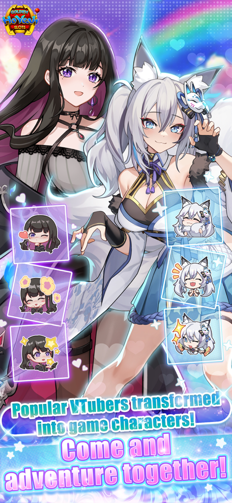 Personajes VTuber de anime y sus versiones chibi en la aplicación GoldenHoYeah Slots