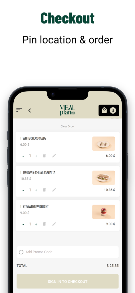 Meal Plan App - Tela de checkout do Meal Plan App mostrando um resumo do pedido de comida com ciabatta de peru e strawberry delight