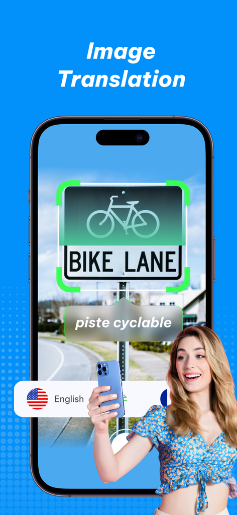 La aplicación AI Translator Pro muestra la traducción de imágenes de una señal de tráfico del inglés al francés