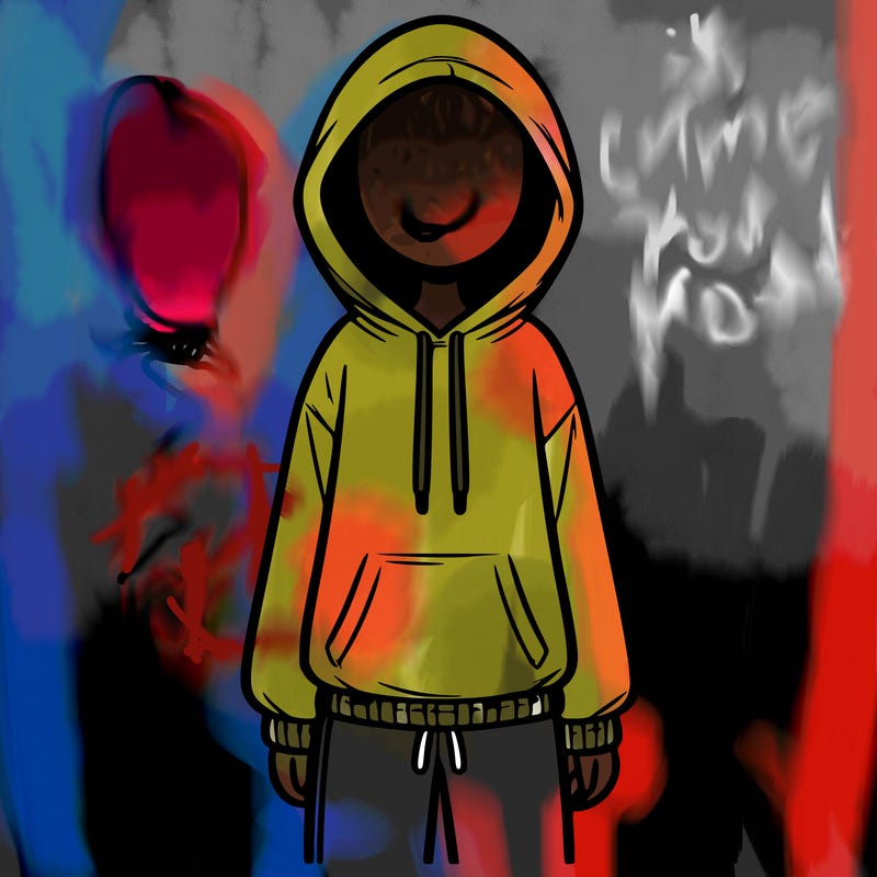 faceless girl in a tracksuit with a hood on and no hair