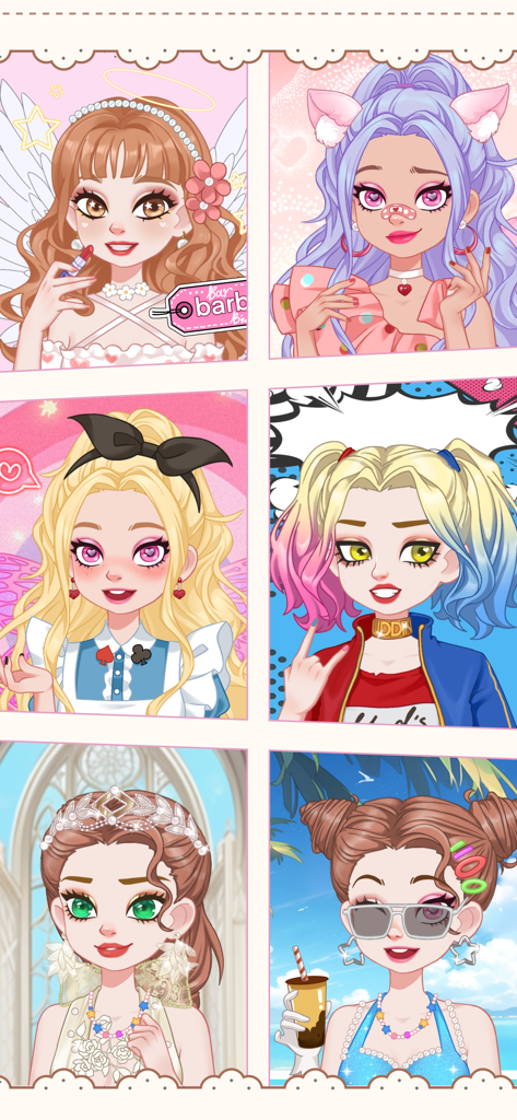 Doll Avatar Maker: Design - Six diverse cartoon doll avatars showcasing different fashion styles and themes