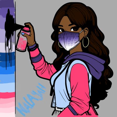 realistic girl with mask spray painting a wall