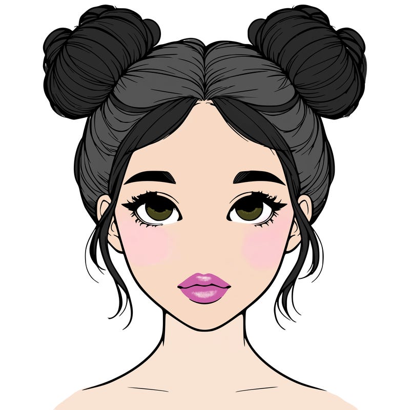 realistic girl with two buns on top of her head