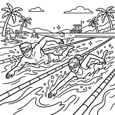 Get ready for a splash of color with this dynamic coloring page featuring master swimmers enjoying a vibrant summer vacation. This exciting scene is perfect for anyone who loves swimming, the beach, or simply unwinding with art.