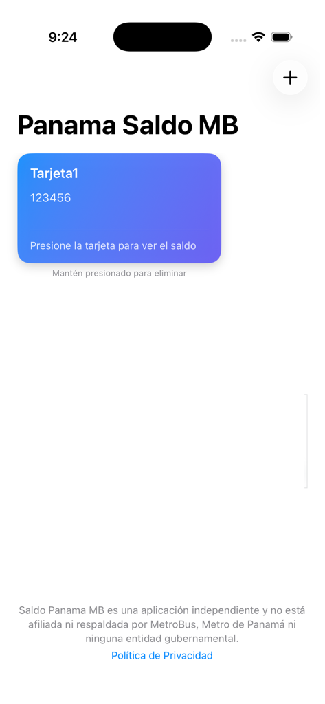 Saldo Panama MB - Panel de control de la aplicación Saldo Panama MB mostrando una tarjeta MetroBus de Panamá registrada.