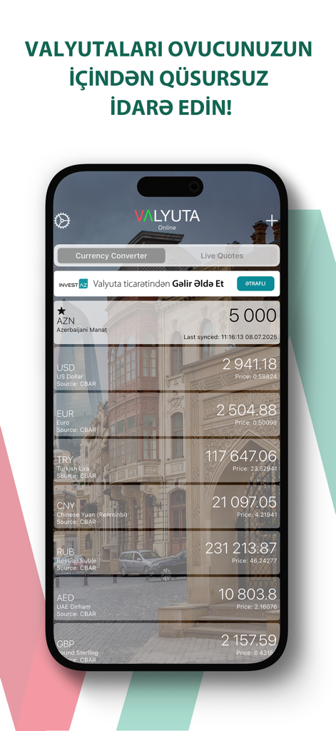 Schermata mobile dell'app Valyuta.com che mostra i tassi di conversione valutaria dalla Banca Centrale dell'Azerbaijan.