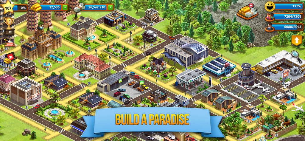 A vibrant isometric view of a developed tropical city in the Tropic Paradise Town Build Sim mobile game.