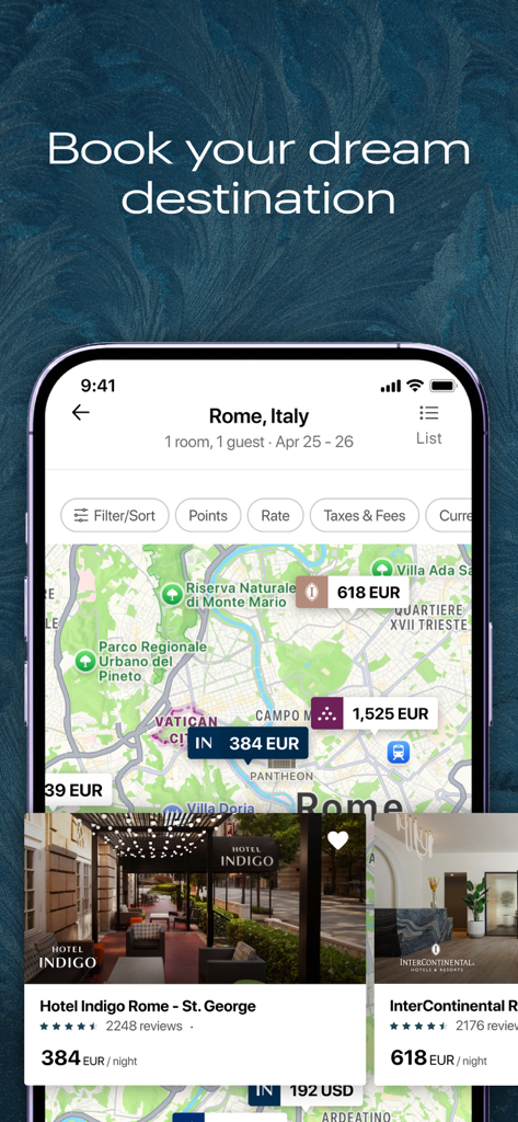 Visualização de mapa no aplicativo IHG One Rewards mostrando preços e listagens de hotéis em Roma
