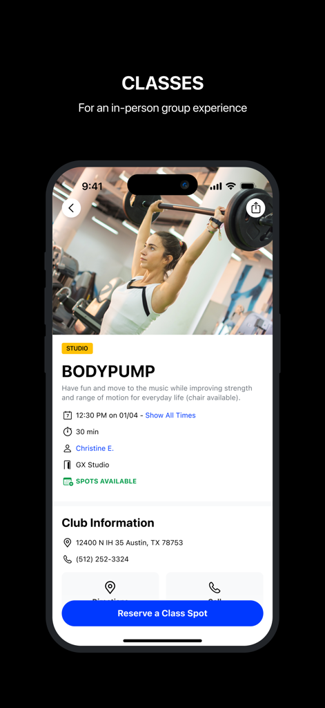 Mobile app screen for 24GO showing Bodypump class details and a button to reserve a spot