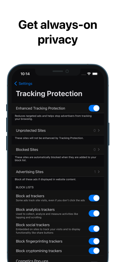 RedApp Lite: Private Browser - Interface of RedApp Lite private browser showing tracking protection settings with toggles to block ad and social trackers