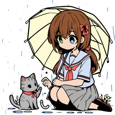 anime middle school girl sitting down petting a cat while holding an umbrella