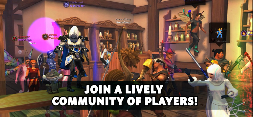 Villagers & Heroes - Un groupe de divers personnages fantastiques se réunissant dans une scène de taverne sociale de Villagers & Heroes.