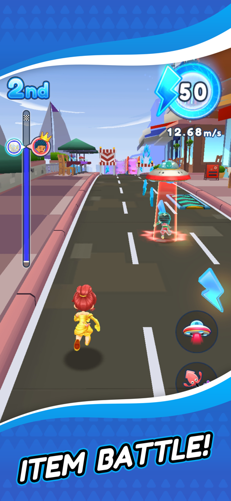 Rich Hero Go - A character in a yellow dress competes in Item Battle mode on a city street in the mobile game Rich Hero Go.