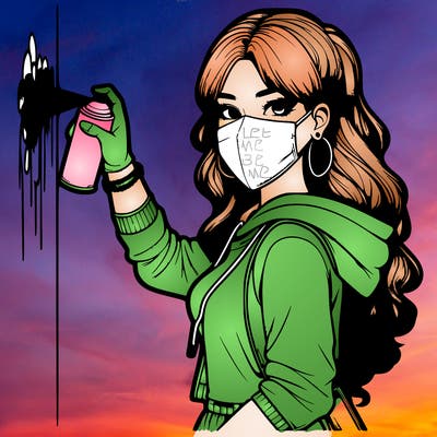 realistic girl with mask spray painting a wall