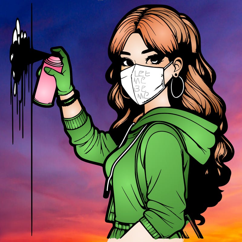 realistic girl with mask spray painting a wall