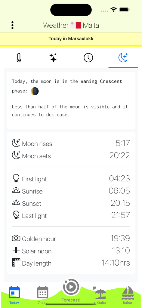 Weather Malta - Interfaz de la aplicación El Tiempo Malta mostrando la fase lunar, el amanecer, el atardecer y los horarios de la hora dorada para Marsaxlokk
