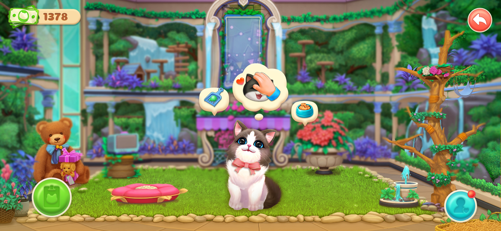 Kitten Match - A cute kitten in a renovated mansion garden with thought bubbles showing needs for food and petting