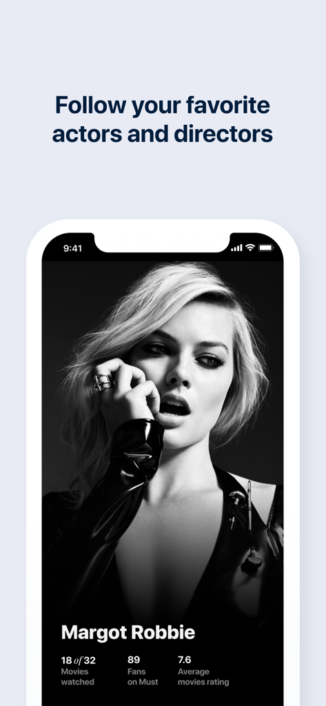 Must for Movies & TV - A profile page for Margot Robbie in the Must app showing movie statistics and fan count.