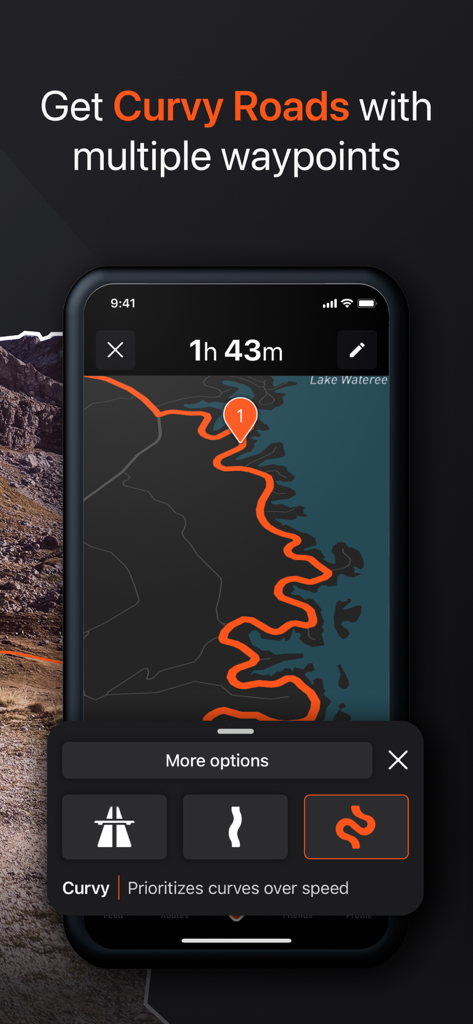 Detecht motorcycle app interface showing a winding route planned on a map with a curvy road selection tool