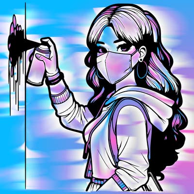 realistic girl with mask spray painting a wall
