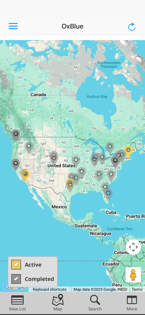 OxBlue Camera Viewer - Map view of the OxBlue app showing various construction project locations across North America