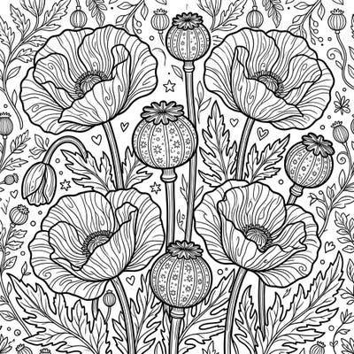 Immerse yourself in the delicate beauty of nature with this intricate opium poppies coloring page. Designed for adults, it offers a calming and rewarding artistic experience through its detailed floral patterns.