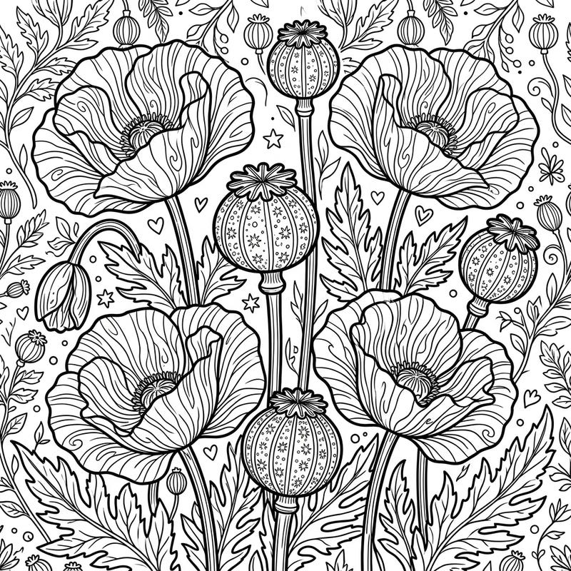 Immerse yourself in the delicate beauty of nature with this intricate opium poppies coloring page. Designed for adults, it offers a calming and rewarding artistic experience through its detailed floral patterns.