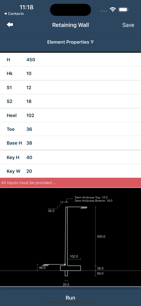 Interfaz de usuario para ingresar dimensiones de muro de contención en voladizo con un diagrama transversal técnico