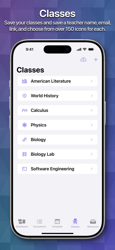 Screenshot of the School Assistant app showing a list of organized classes including literature history and calculus with custom icons