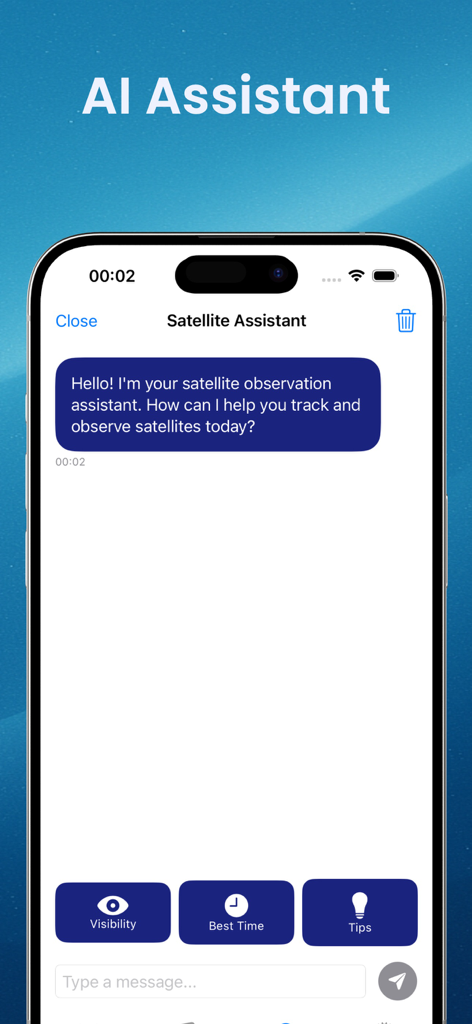 Satellite Finder Astra, Plato - 위성 추적 도움을 위한 위성 찾기 앱의 AI 어시스턴트 채팅 인터페이스